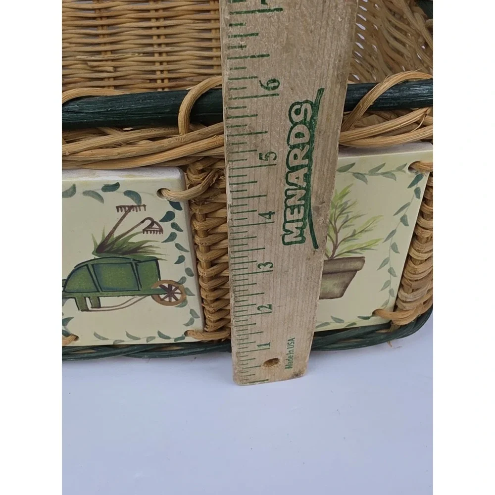 Woven Wicker Basket With Painted Ceramic Tile Accents Gardening Theme Handles